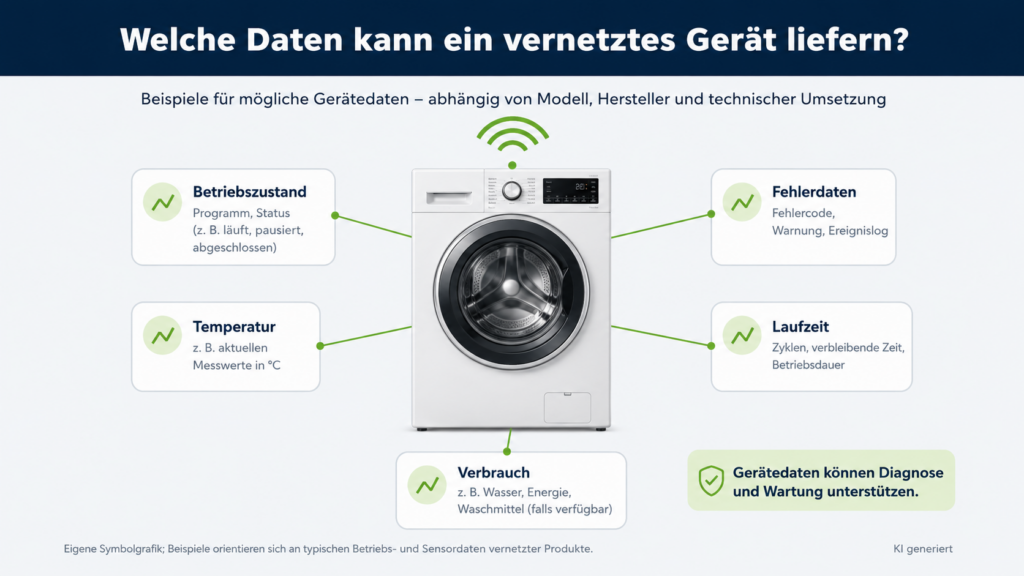 Infografik zu möglichen Daten einer vernetzten Waschmaschine. Dargestellt werden Betriebszustand, Temperatur, Fehlerdaten, Laufzeit und Verbrauch, die je nach Modell und Hersteller erfasst werden können. Die Grafik verdeutlicht, dass solche Gerätedaten Diagnose und Wartung unterstützen können.