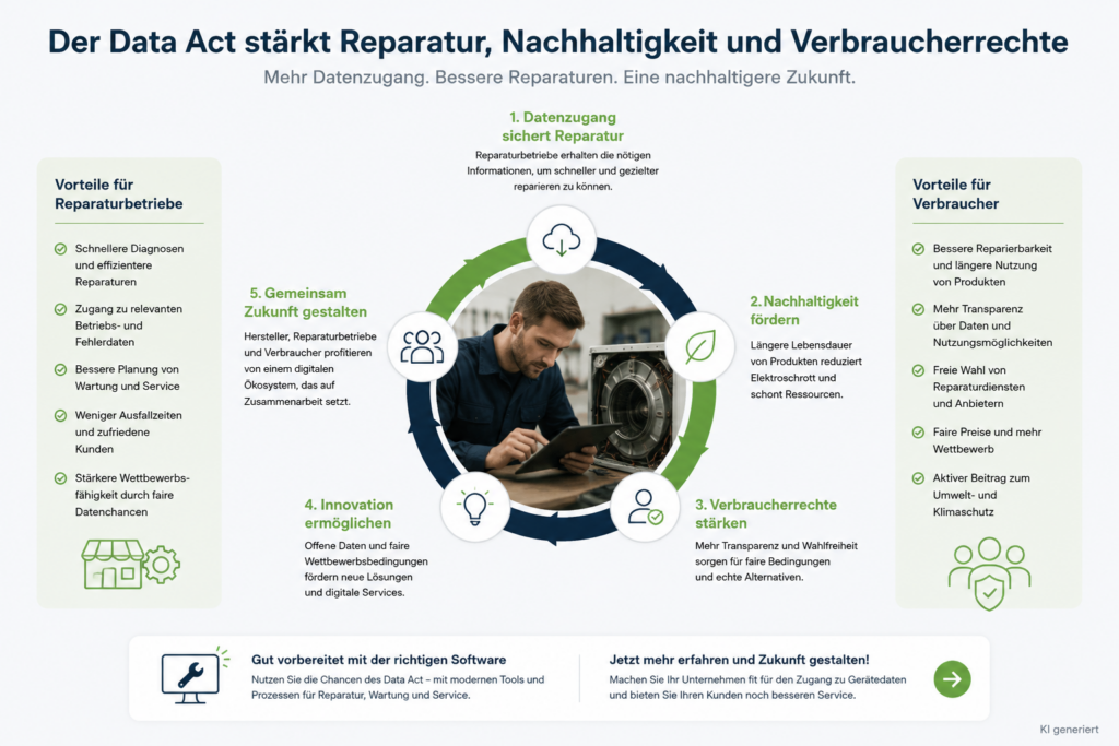 Infografik zu den Auswirkungen des EU Data Act auf Reparaturbetriebe und Verbraucher. In der Mitte arbeitet ein Techniker an einem Haushaltsgerät. Rundherum werden fünf Themen dargestellt: Datenzugang für Reparaturen, Nachhaltigkeit, Verbraucherrechte, Innovation und Zusammenarbeit. Seitlich stehen Vorteile wie schnellere Diagnosen, bessere Planung, mehr Transparenz und freie Wahl von Reparaturdiensten.