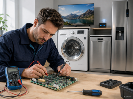 Monteur prüft mit Messspitzen und Multimeter eine elektronische Platine auf einem Arbeitstisch. Im Hintergrund stehen eine Waschmaschine, ein Geschirrspüler, ein Kühlschrank und ein Fernseher als Beispiele für moderne, vernetzte Haushaltsgeräte. Unten rechts ist das Bild mit „KI generiert“ gekennzeichnet.