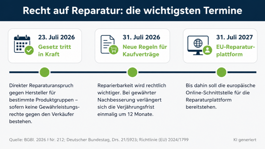 Zeitstrahl zum Recht auf Reparatur mit dem Inkrafttreten am 23. Juli 2026, den neuen Kaufvertragsregeln ab 31. Juli 2026 und der geplanten EU-Reparaturplattform bis 31. Juli 2027.