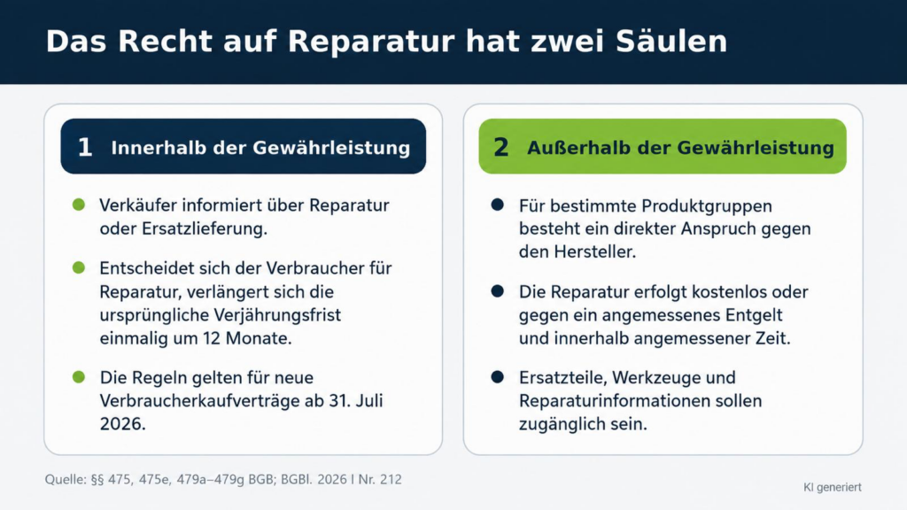 Infografik zur Reparatur innerhalb der Gewährleistung und zum direkten Reparaturanspruch gegen Hersteller außerhalb der Gewährleistung.