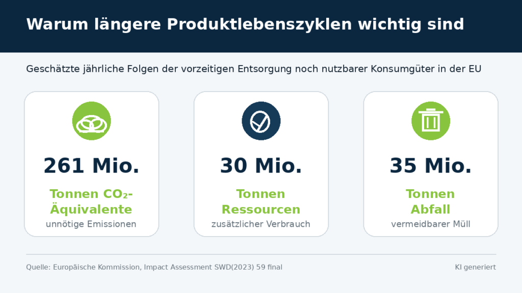 Infografik zu den Folgen vorzeitiger Entsorgung in der EU: 261 Millionen Tonnen unnötige CO₂-Äquivalente, 30 Millionen Tonnen zusätzlicher Ressourcenverbrauch und 35 Millionen Tonnen vermeidbarer Abfall pro Jahr.