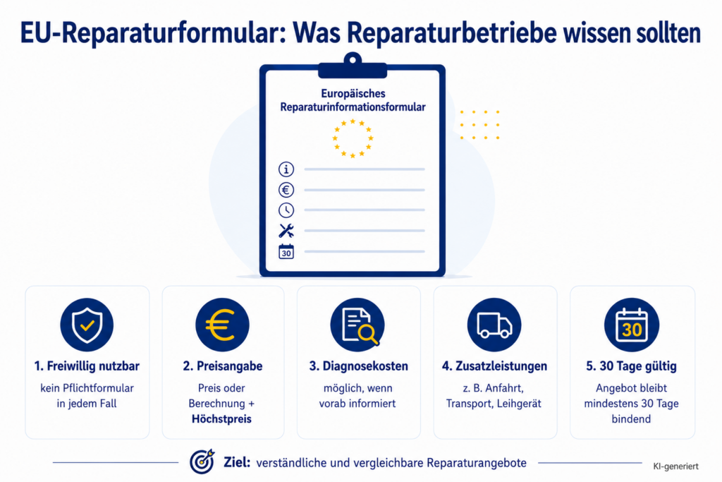 ALT-Text: Infografik zum Europäischen Reparaturinformationsformular mit den wichtigsten Punkten für Reparaturbetriebe: freiwillige Nutzung, Preisangaben, Diagnosekosten, Zusatzleistungen und mindestens 30 Tage Bindungsfrist. KI-generiert