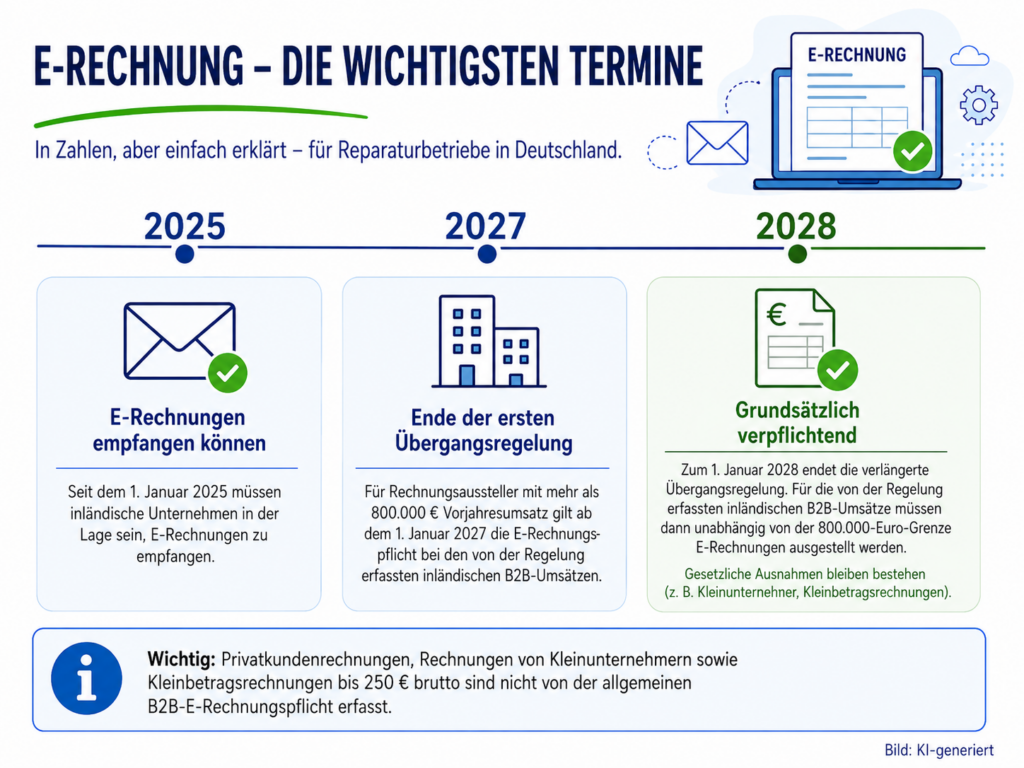 ALT-Text: Zeitstrahl zur E-Rechnung mit den Stichtagen 2025, 2027 und 2028 KI-generiert