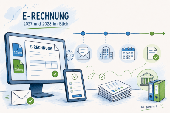Illustrative Grafik zum Thema E-Rechnung: Ein Monitor zeigt eine elektronische Rechnung mit den Formaten ZUGFeRD und XRechnung. Daneben sind ein Smartphone mit Checkliste, ein Briefumschlag, ein Dokumentenstapel, Ordner und ein Symbol für öffentliche Auftraggeber zu sehen. Im oberen Bereich verläuft eine stilisierte Zeitleiste für 2027 und 2028. Unten rechts steht „KI-generiert“.