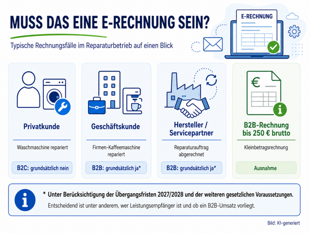 Typische Rechnungsfälle im Reparaturbetrieb auf einen Blick Übersicht, wann Reparaturrechnungen an Privatkunden, Unternehmen und Servicepartner unter die E-Rechnungspflicht fallen. (KI-generiert)