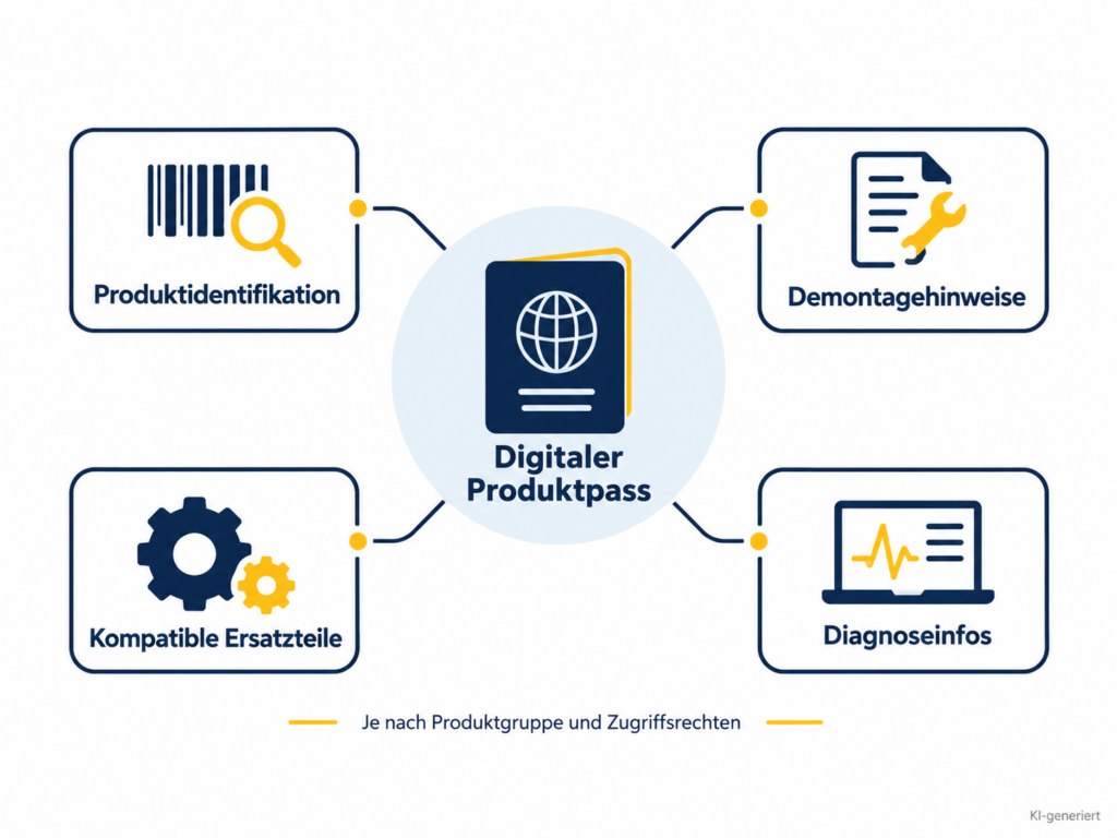 Infografik zum Digitalen Produktpass mit den für Reparaturbetriebe möglichen Informationsbereichen Produktidentifikation, Demontagehinweise, kompatible Ersatzteile und Diagnoseinformationen. KI-generiert.