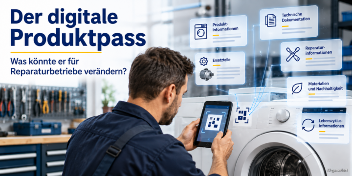 Techniker scannt mit einem Tablet einen QR-Code an einer Waschmaschine. Eingeblendete Felder zeigen mögliche Informationen des Digitalen Produktpasses wie Produktdaten, technische Dokumentation, Reparaturinformationen, Ersatzteile, Materialien und Lebenszyklusinformationen. KI-generiert.