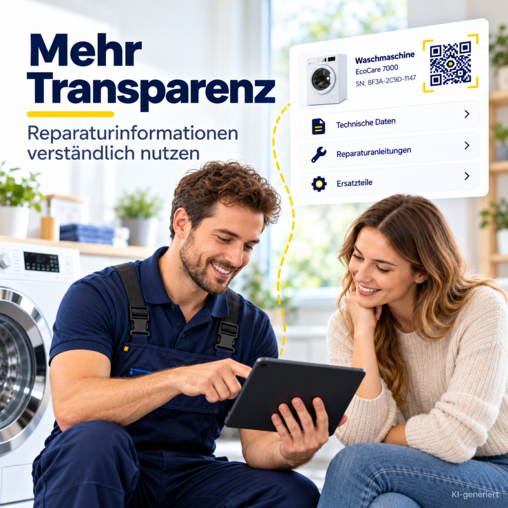 Servicetechniker und Kundin betrachten gemeinsam digitale Reparaturinformationen zu einer Waschmaschine auf einem Tablet. Eingeblendet sind technische Daten, Reparaturanleitungen und Ersatzteilinformationen. KI-generiert.